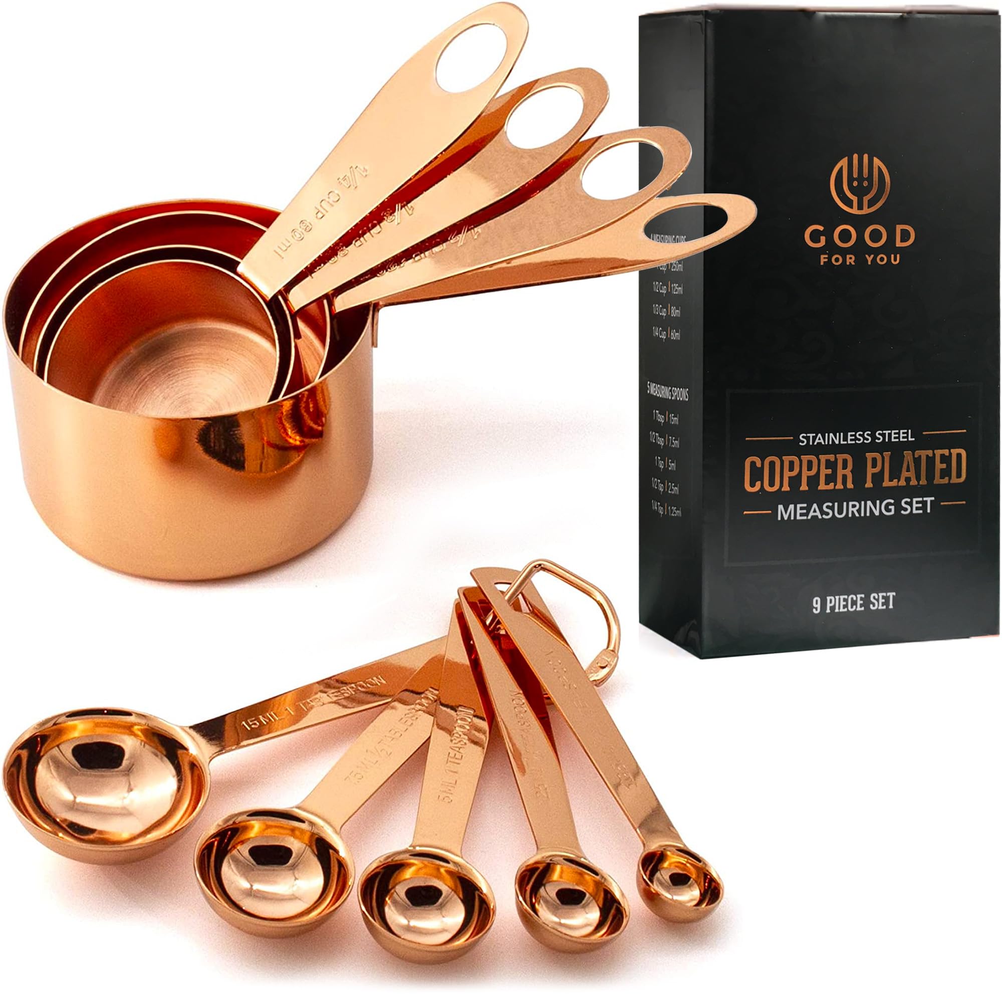 GOOD FOR YOU Copper Plated Stainless Steel Measuring Cups and Spoons Set of 9 - Mirror Copper Finish with Engraved Measurement Markings - Included a Foiled Gift Box