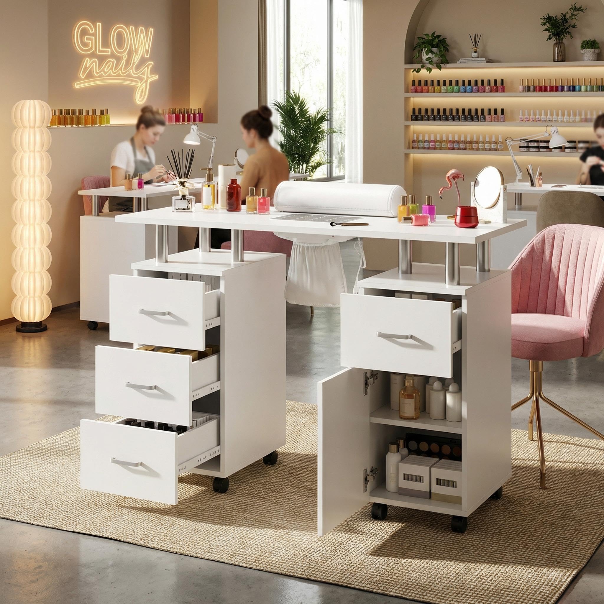Photo 1 of ************MISSING ASSEMBLY HARDWARE************
PeacefulHues Manicure Table Nail Desk, Nail Station with Electric Dust Collector, Wrist Rest and Storage Drawers Cabinet, Beauty Salon Workstation for Nail Tech, White