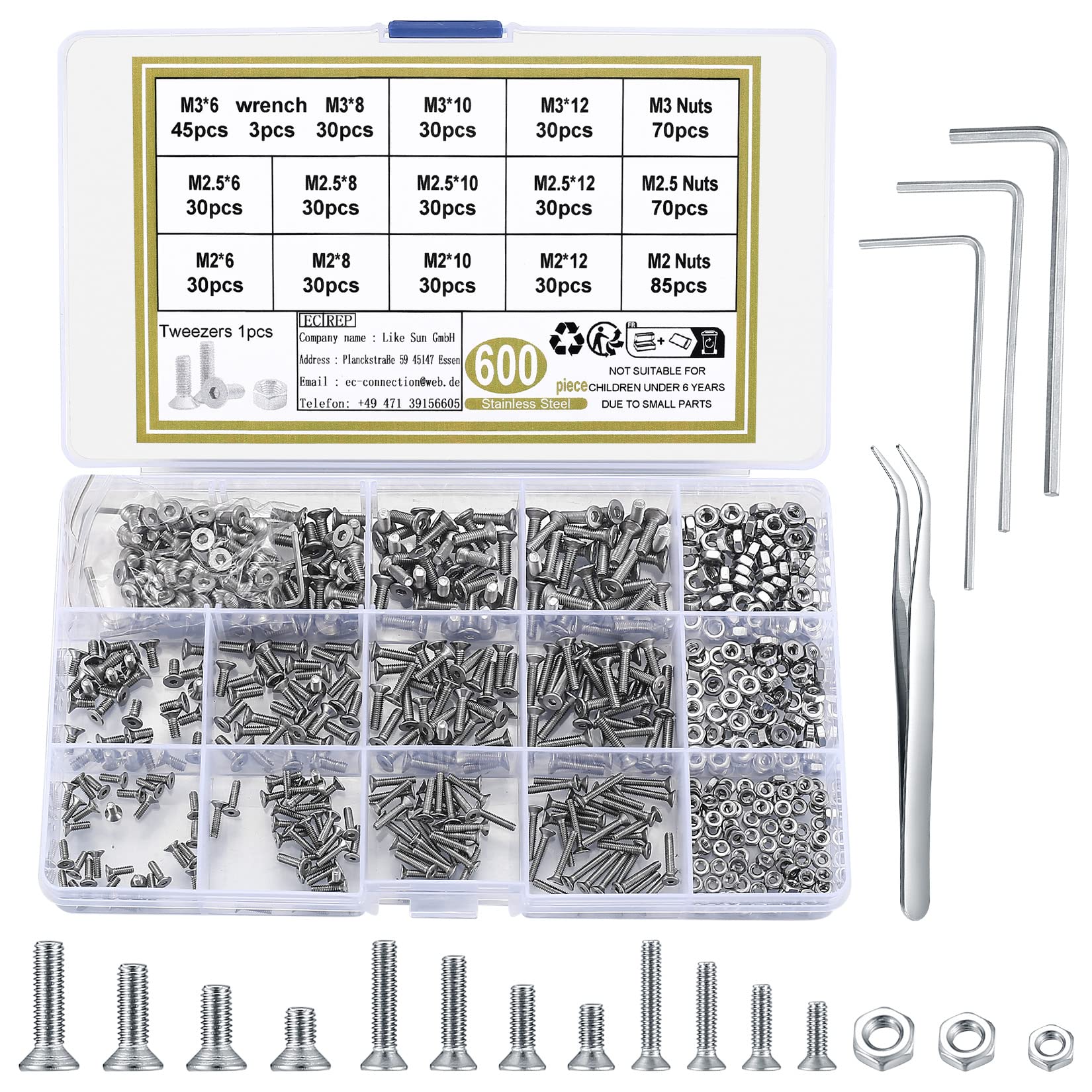 600 Pcs M2/M2.5/M3 Countersunk Head Flat Head Socket Cap Hexagonal Machine Screws Bolts Nuts, Stainless Steel Hexagonal Countersunk Bolts and Nuts Assortment Kit, with 3 Pcs Hex Wrenches — image 1
