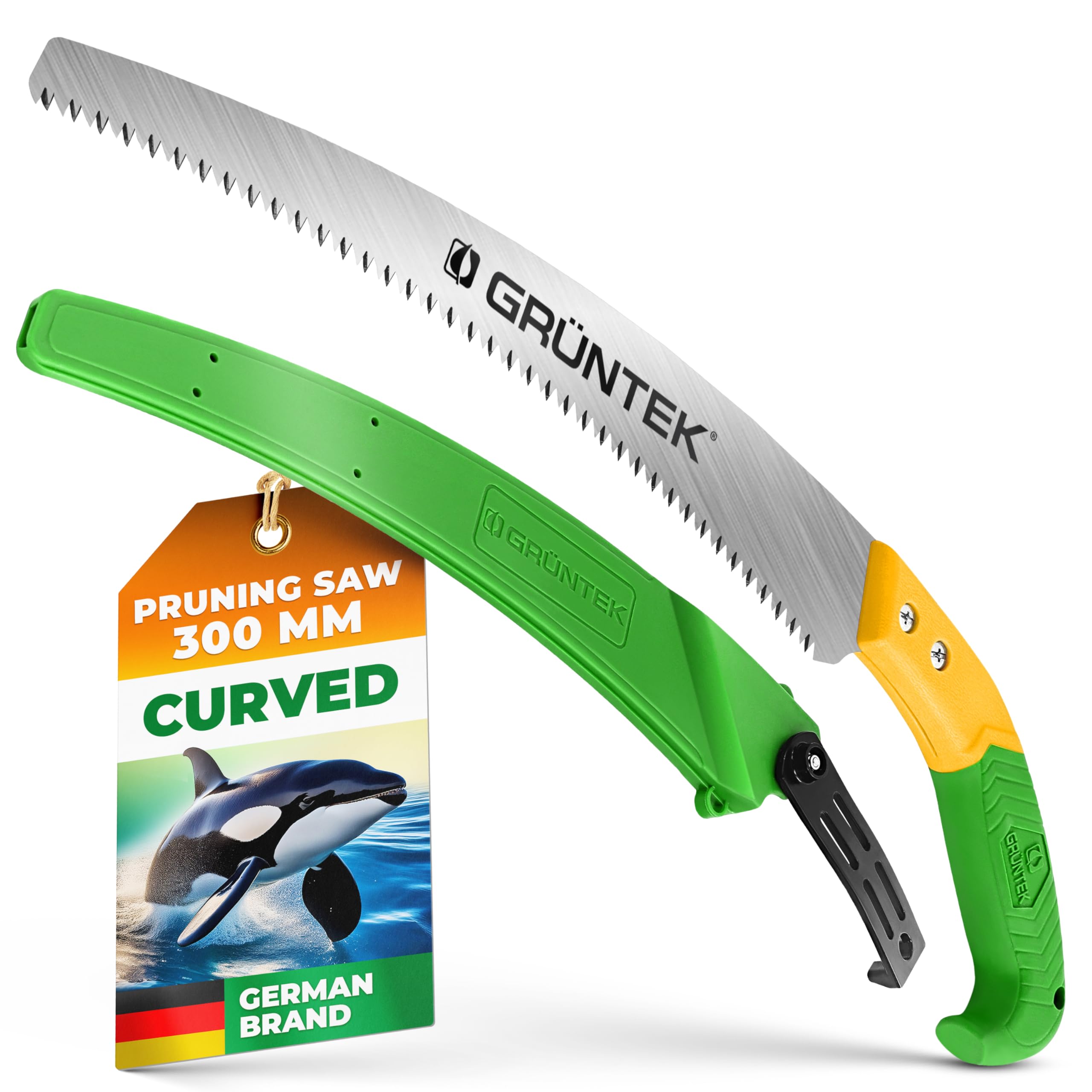 GRÜNTEK ORCA Curved Pruning Saw 330 mm – Triple-Edge Hand Saw with Soft Grip & 7 TPI Blade – Rugged Case for Gardening, Wood Cutting & Camping