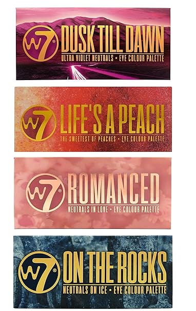 W7 Ultimate Eyeshadow Collection Dusk Till Dawn, Life’s A Peach, On The Rocks & Romanced Set of Four Nudes, Peaches Violet an