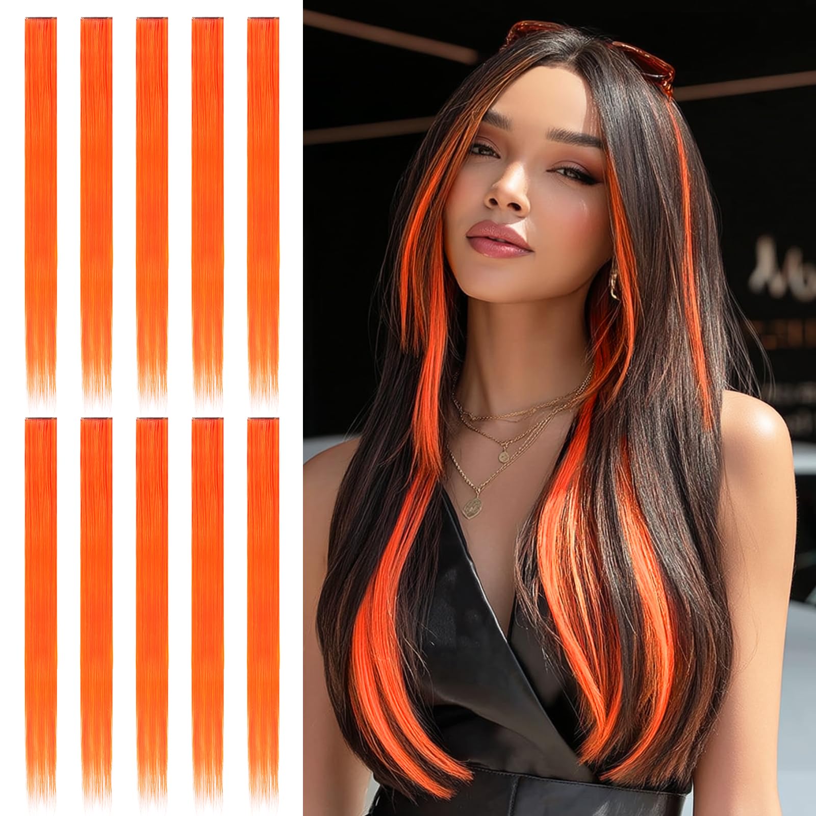 Sofeiyan Colored Hair Extensions Straight Hairpiece 22 Inch 10 Pcs Colorful Clip in Hair Extensions Synthetic Colored Party Highlights for Women, Orange — image 1