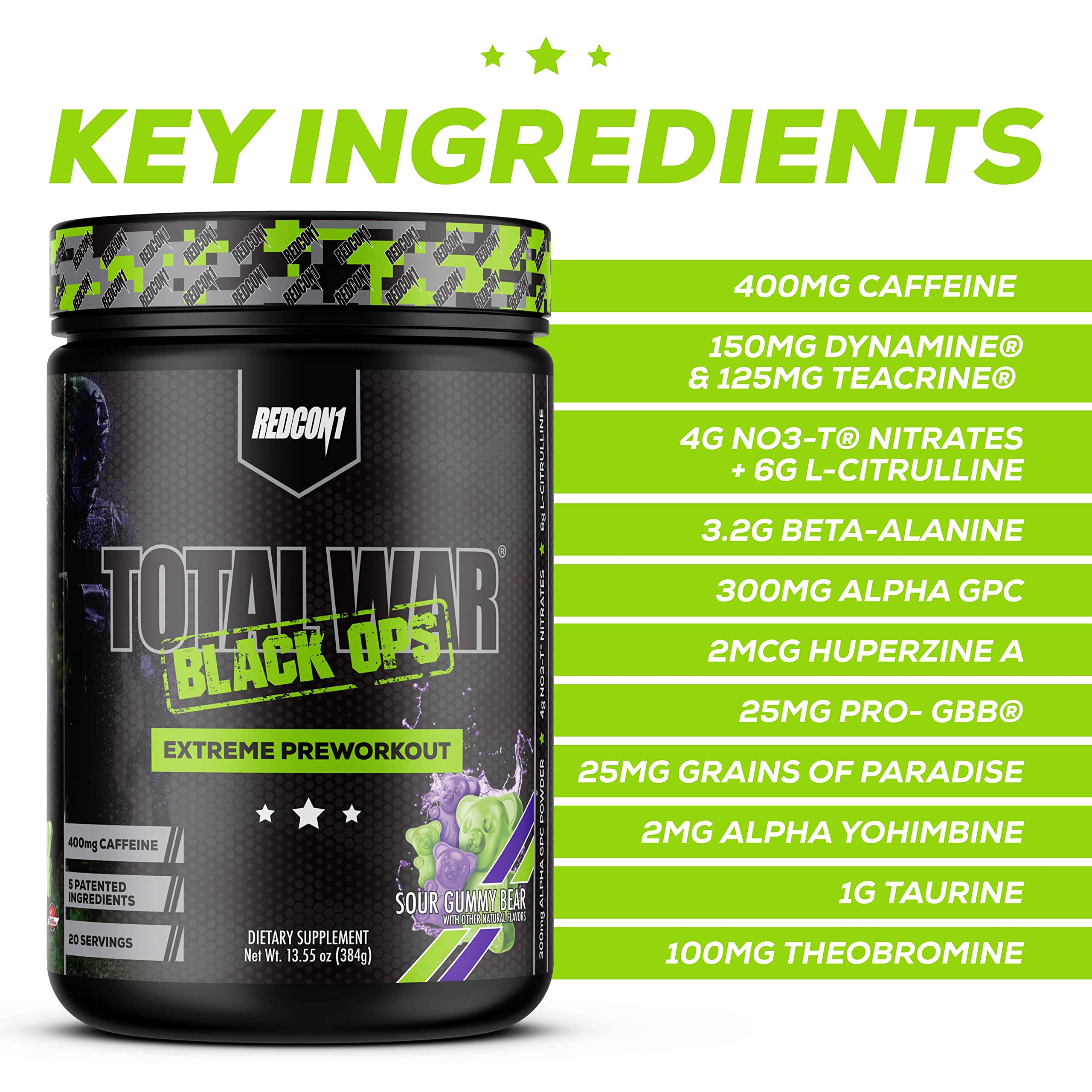 REDCON1 Total War Black Ops Extreme Preworkout Powder, Sour Gummy Bear, High Stimulant, 400 mg Caffeine, NO3-T Nitrates + L-Citrulline, Increase Blood Flow, Muscle Pumps (20 Servings)