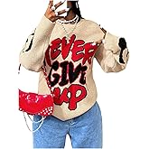 BEAUDRM Women's Letter Graphic Sweaters Crew Neck Long Sleeve Oversized Knitted Pullover Top