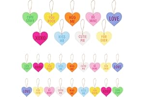 Haooryx 28Pcs Sweet Conversation Candy Heart Wood Ornaments Decoration, Heart Shaped Hanging Decorations Love Heart Embellishments Wood Slices Tag Wedding Ceremony Anniversary Engagement Party Favor