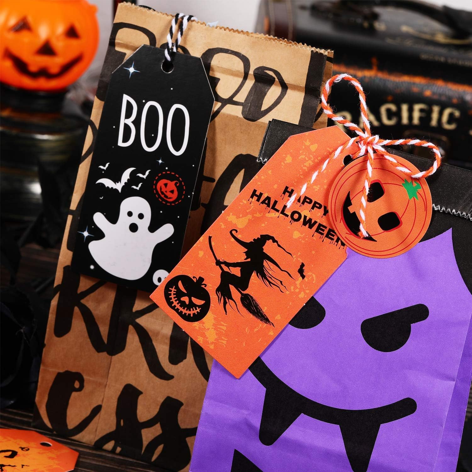 200 Pieces Halloween Paper Tags Trick or Treat Craft Label Tags Hang Labels Name Tags with 16 Feet Cotton Rope for Halloween Party Favor, Candy Bag Hanging Card Name Card Decor, 8 Styles: Health & Personal Care