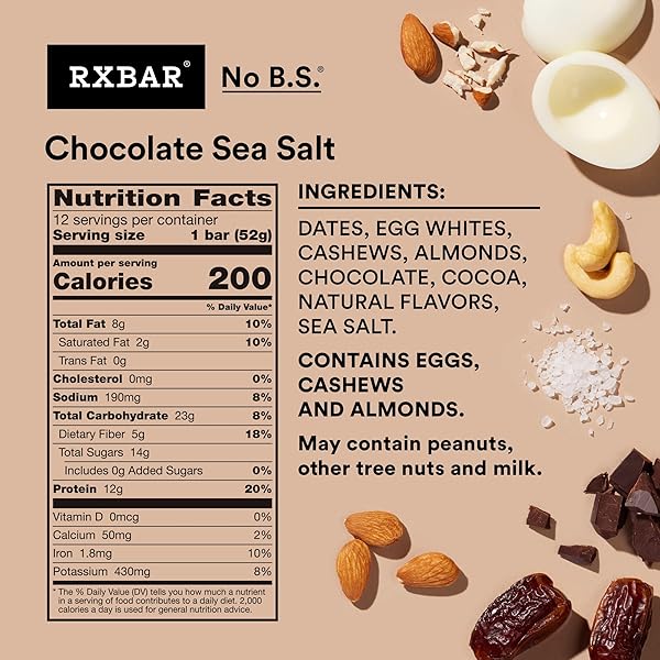 RXBAR PROTEIN BARS, PROTEIN SNACK, SNACK BARS, CHOCOLATE SEA SALT, 22OZ BOX (12 BARS)