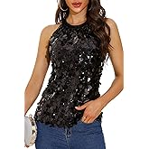 GUANYY Halter Sequin Tops for Women Sleeveless Sparkly Glitter Shiny Tank Top Party Concert Sequence Blouse