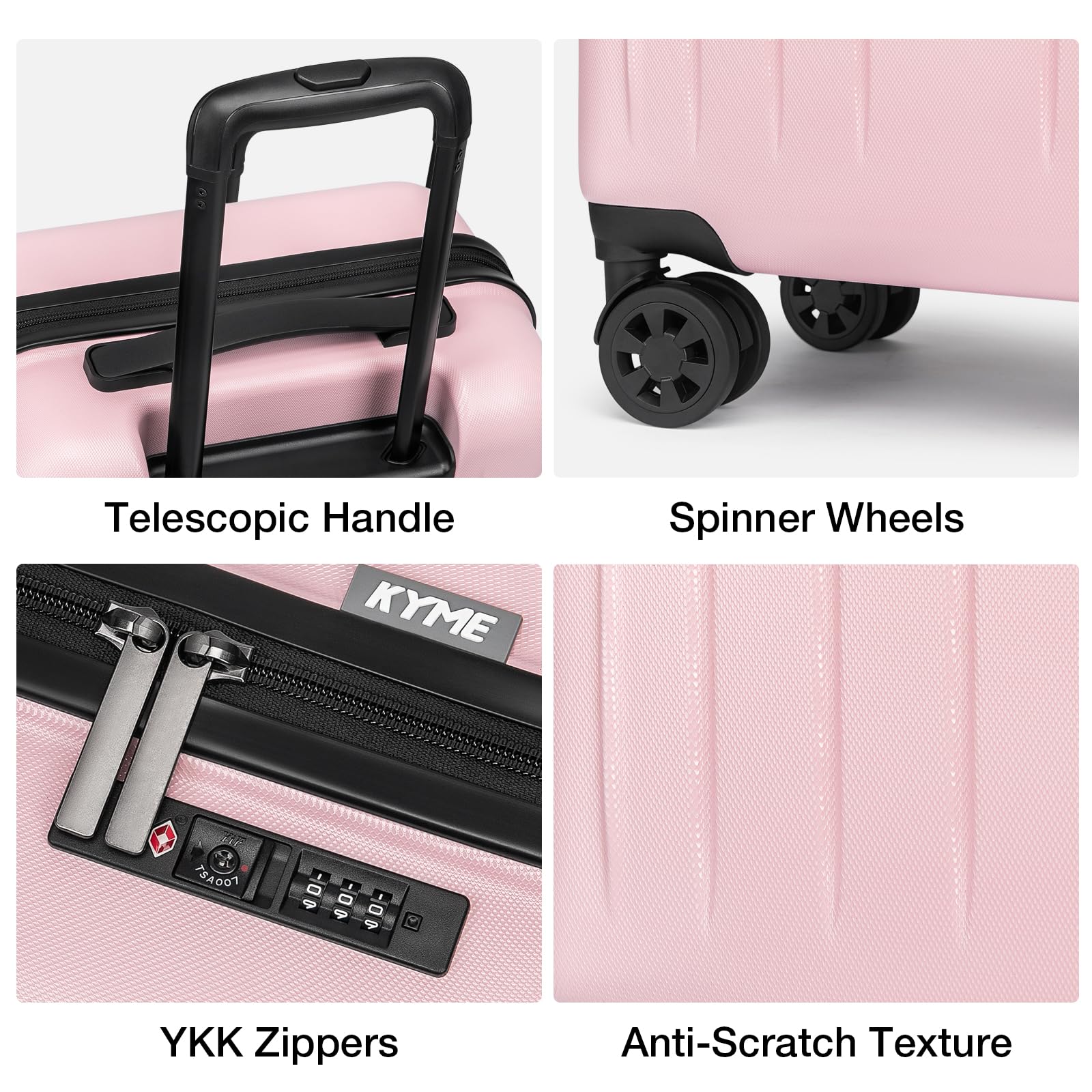 KYME Suitcase Hardshell With Double Spinner Wheels, PC+ABS TSA Lock Travel Luggage (Pink, 20