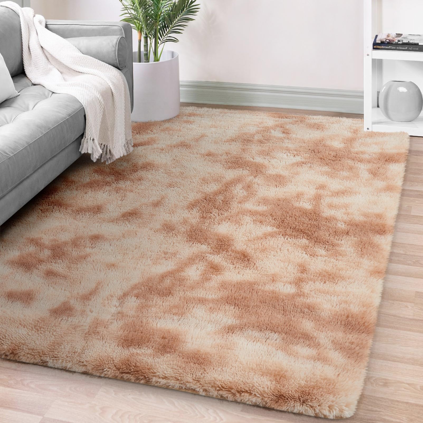 FVVRAX 140x200cm Shaggy Area Rug for Bedroom & Living Room – Machine Washable Luxury Tie-Dye Carpet, Non-Slip Fluffy Floor Mat for Cosy Homes, Nursery & Dorm Decor, Camel — image 1