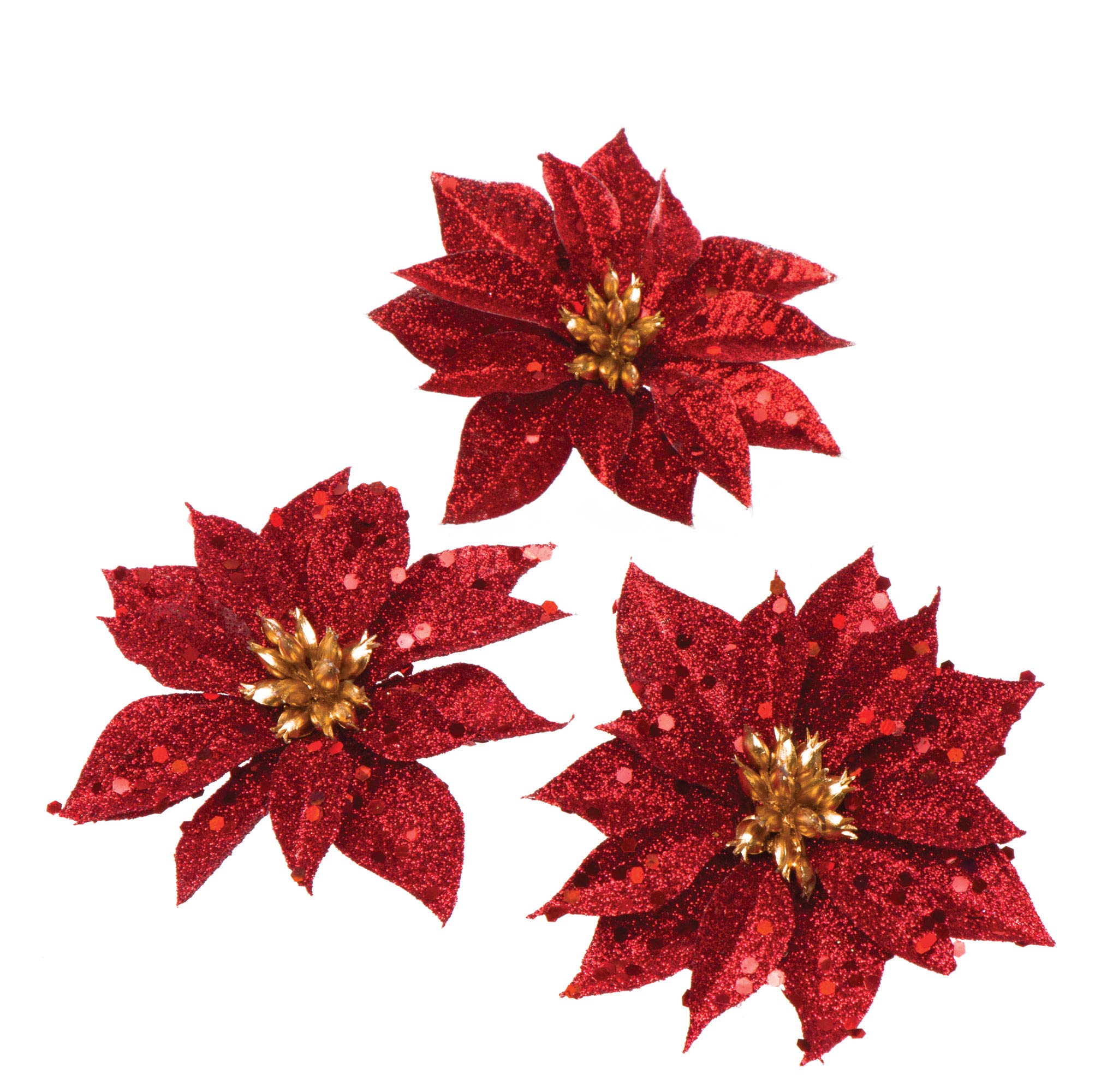 Baker Ross AR844 Glitter Poinsettia Artificial Flowers, Wood, Decoration or Christmas Crafts (Pack of 8), Assorted