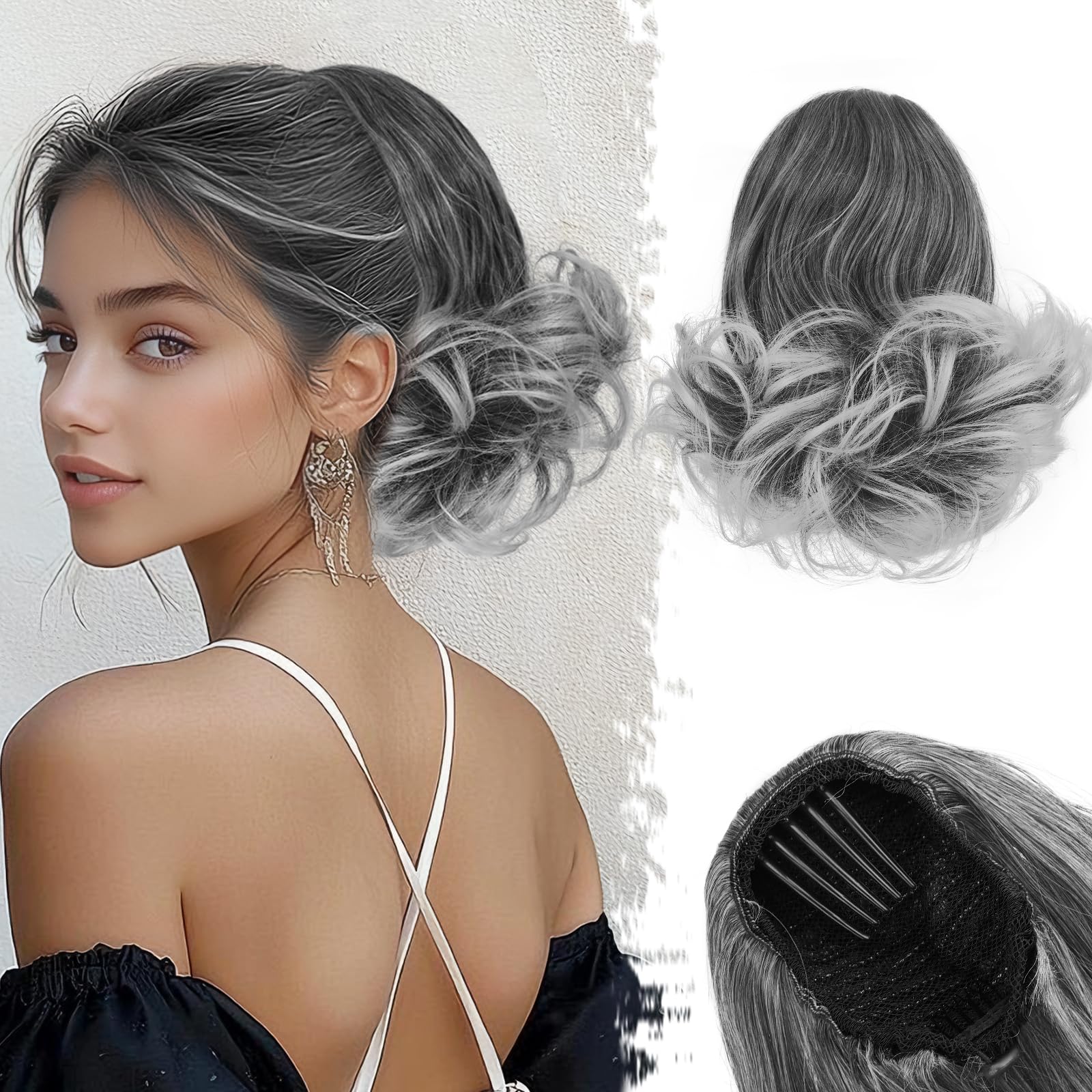 BARSDAR Drawstring Ponytail Extension, 10 Inch Short Wavy Ponytail Hair Extensions for Women Synthetic Comb Clip in Ponytails Hairpieces Salt and Pepper Pony Tail - Dark Gray & White Tips