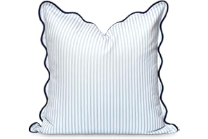Hofdeco Premium Coastal Patio Indoor Outdoor Scalloped Throw Pillow Cover Only, 20"x20" Water Repellent for Backyard, Couch, Baby Blue Print Stripes
