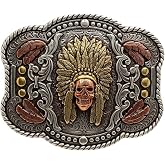 Nocona Men's Western Buckle with Feathered Headdress Motif, Copper Skull and Feathers, Rope Edge