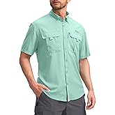 Pudolla Men's Fishing Shirts with Short Sleeves, Summer Travel Work Shirts, Button Down with UPF50+ and Zipper Pockets