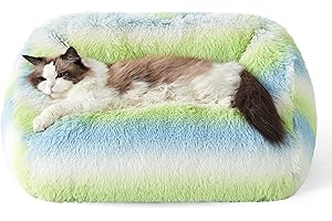 LE SURE Lesure Cute Cat Bed Indoor - Furry Cat Bed Large, Washable Calming Small Dog Beds for Puppy with Fashion Design, 26x21x9inches, Green Stripe