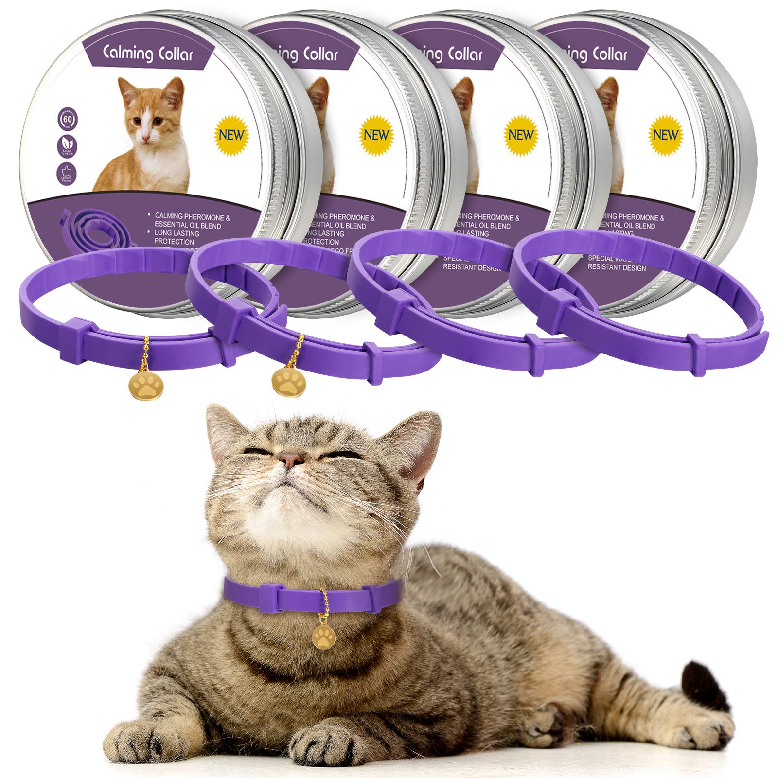 Weewooday 4 Pcs Cat Calming Collar Adjustable Pheromones Scent Relaxing Cat Collar with 2 Pendant for Puppies Reduce Stress Aggression Anxious, up to 15 Inches(Purple, Gold)