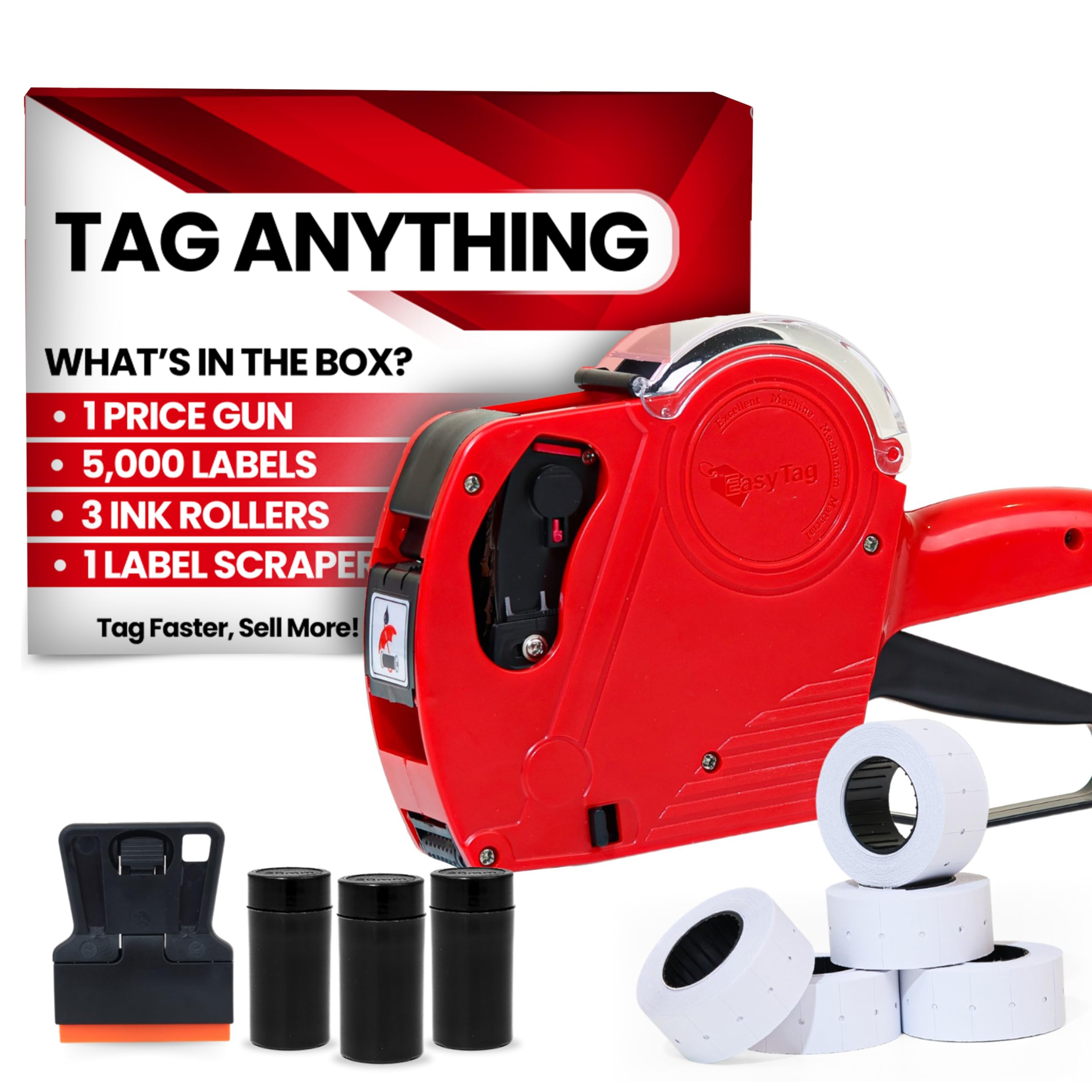 Photo 1 of Easy Tag Price Gun, 8 Digits 5500EOS Pricing Gun with 5,000 White Label Stickers, 3 Ink Rollers, 1 Scraper, Price Guns for Retail, Yard Sale (Red)