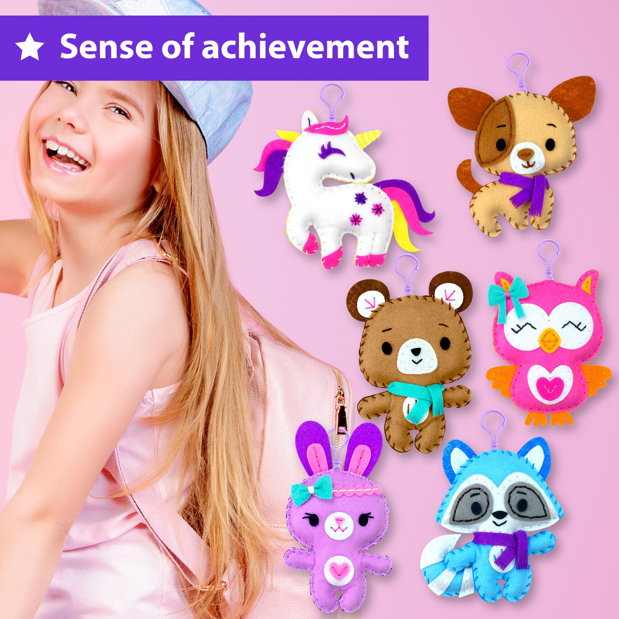 KRAFUN Unicorn Sewing Keyring Kit for Kids Age 7 8 9 10 11 12 Learn Art & Craft, Includes 6 Stuffed Animal Bear, Dog, Rabbit, Raccoon, Owl Dolls, Instruction & Felt Materials