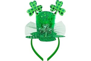 Bnikion St. Patrick's Day Hat Headband with Glitter Shamrock Fascinator Green Mini Top Hats with Tulle Veil Party Accessory
