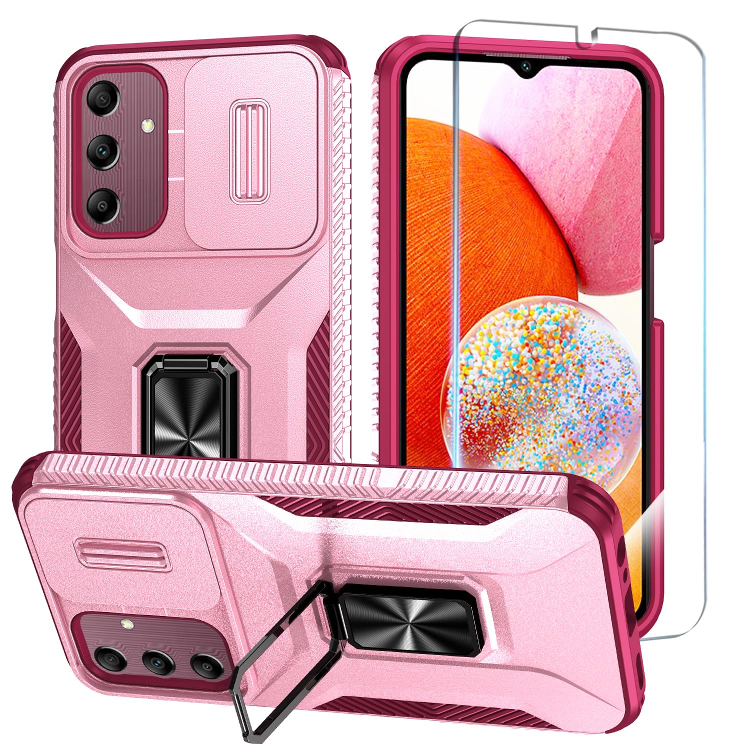 SunStory Phone Case for Samsung Galaxy A15 5G Case with HD Screen Protector & Slide Camera Cover & Rotated Ring Kickstand, [Military-Grade] Phone Case for Galaxy A15 5G (Y_Pink)