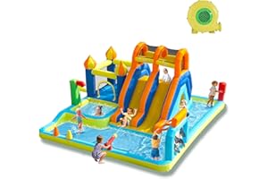 JOOLOOG Blow Up Water Slides for Kids Backyard, Two Long Slides Jumping Bouncy Castle for Children Outdoor, Large Inflatable Bounce House with 680W Blower