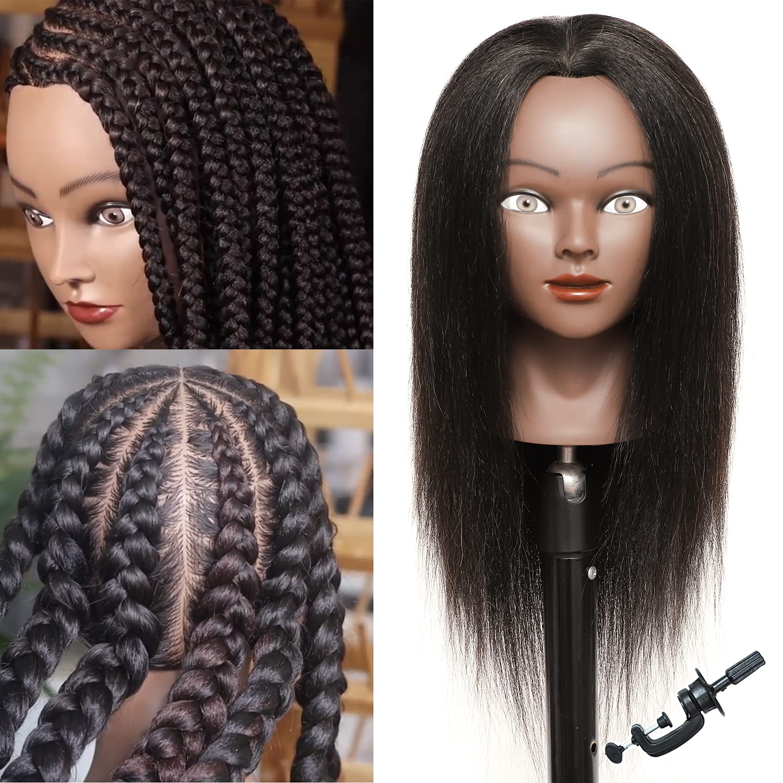 Training Head Mannequin Head with Human Hair for Braiding 100% Real Hair Mannequin Head Cosmetology Mannequin Head with Hair Doll head for Hair Styling Free Table Mannequin Stand (14Inchs)