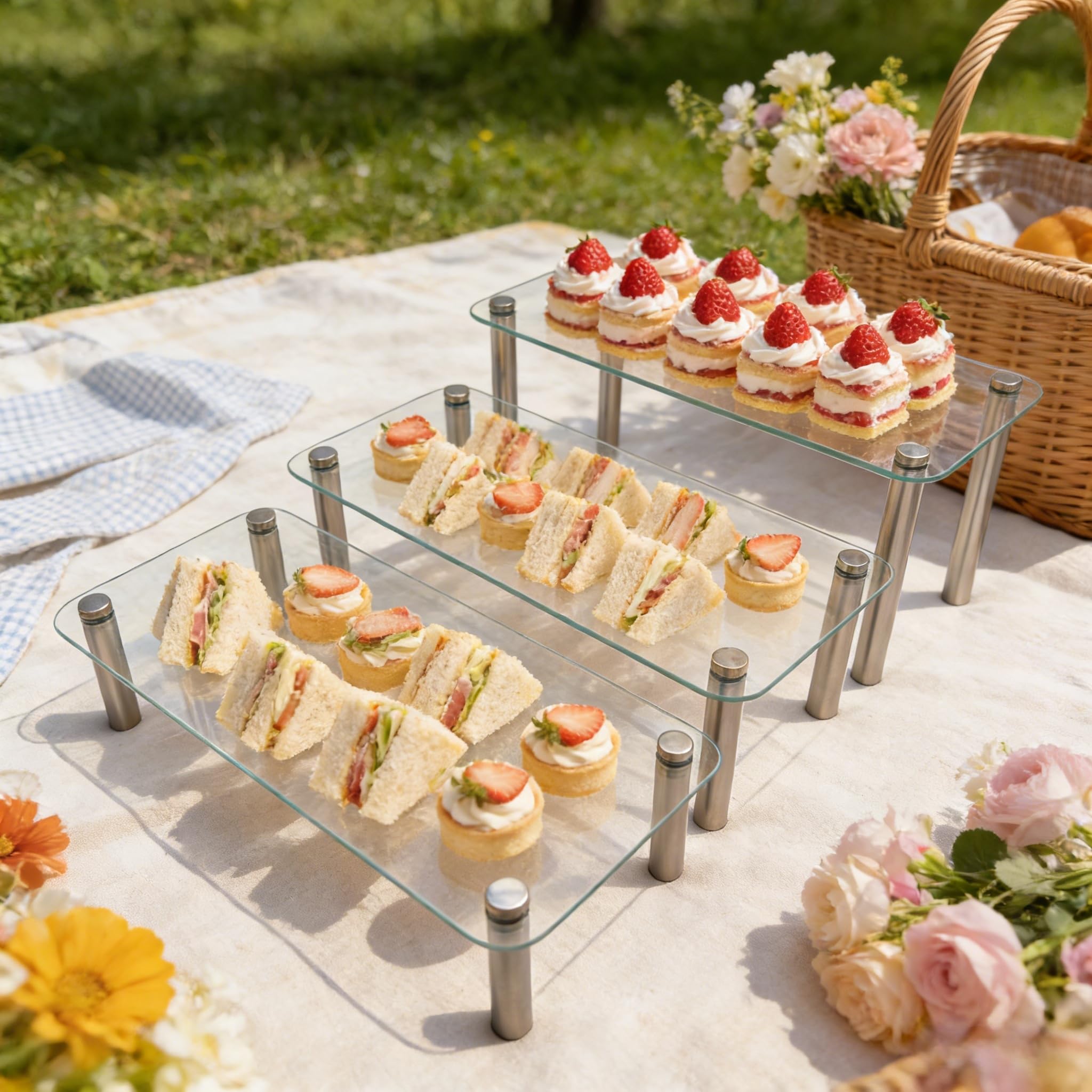 FESTLOVE 6 Pack Tempered Glass Display Stands Set, 13 Inch Rectangular Cake Cupcake Stand Dessert Display Riser Serving Platter Plate for Decoration Table Party Wedding Baby Shower