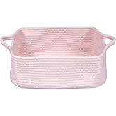 Woven Cotton Rope Storage Basket with Handles for Organizing Shelves Closet Small Cat Dog Pet Toy Baskets Box Bin Decorative Rectangle Baby Nursery basket Gift Basket Empty Light pink