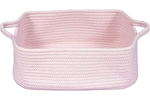 XUANGUO Woven Cotton Rope Storage Basket with Handles for Organizing Shelves Closet Small Cat Dog Pet Toy Baskets Box Bin Decorative Rectangle Baby Nursery basket Gift Basket Empty Light pink