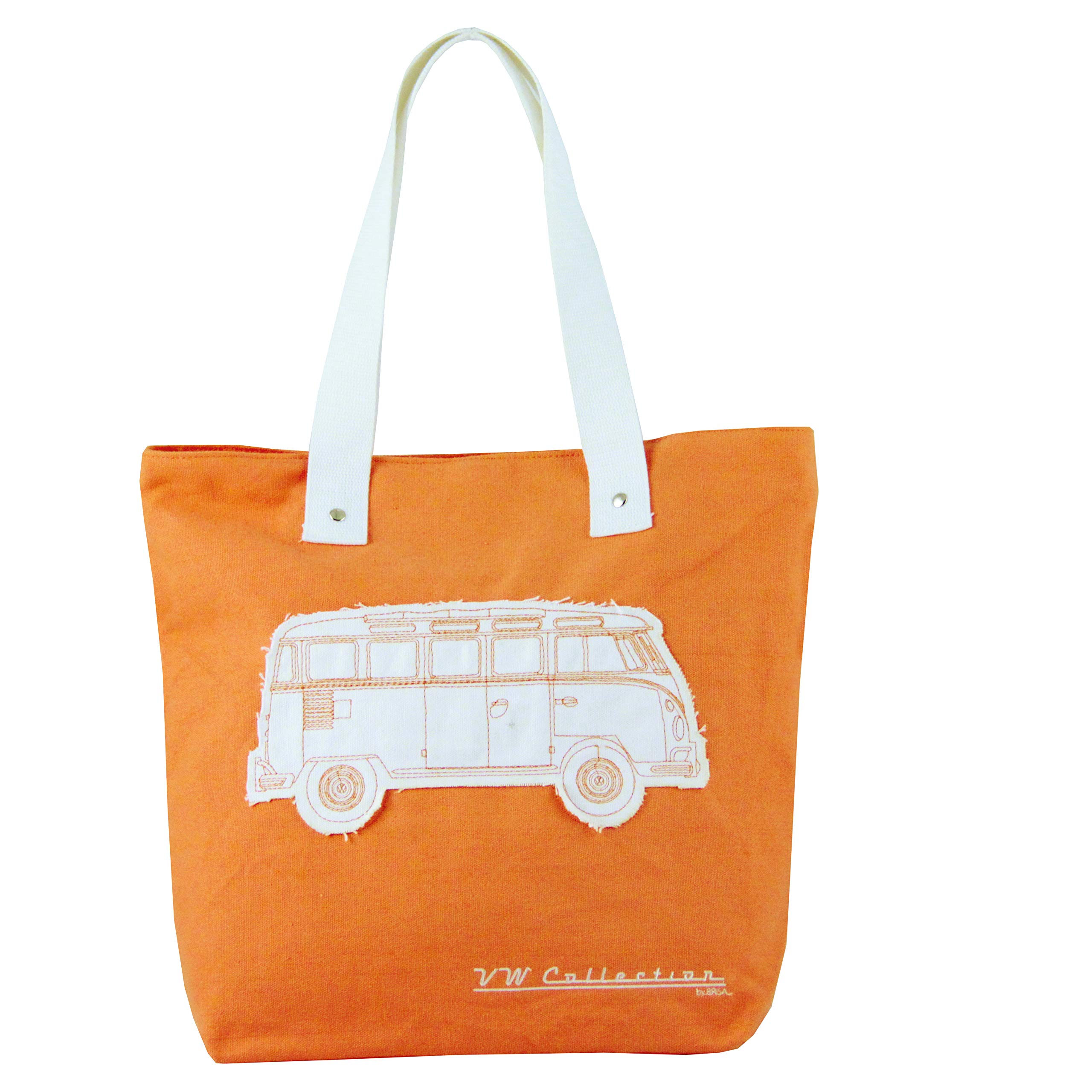 BRISA VW Collection - Volkswagen Reusable Canvas Shopping Beach Bag with T1 Bus Campervan Motif (Silhouette/Orange)