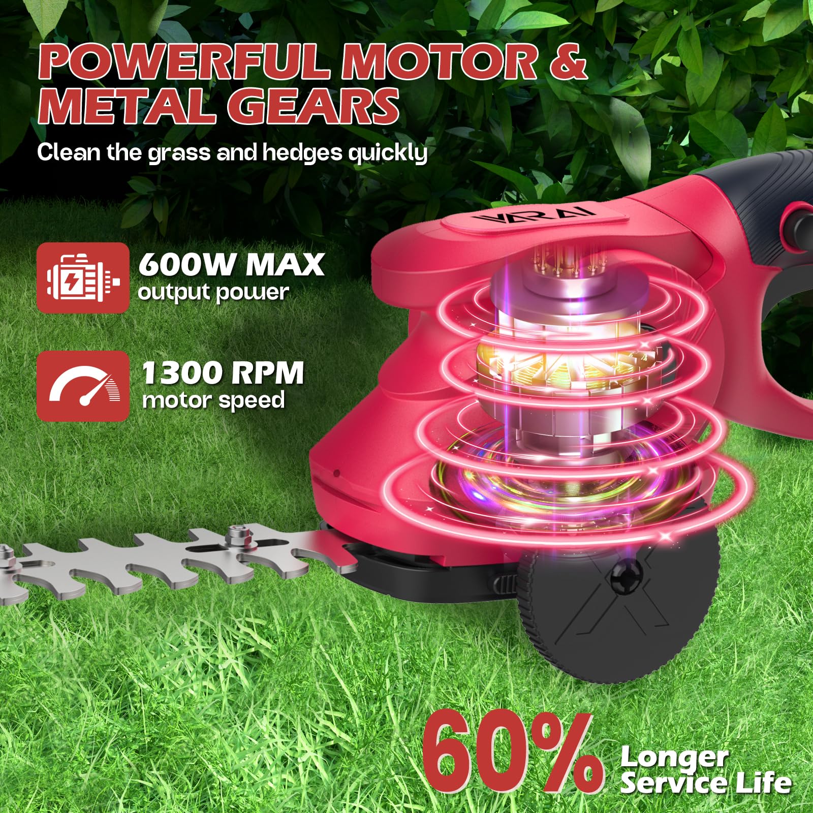 VARAI Hedge Trimmer Cordless, 2 in 1 Cordless Hedge Trimmer with 1300mAh Battery*2, High Power and Large Capacity Hedge Shears for Gardens, Patios and Lawns Charger Included