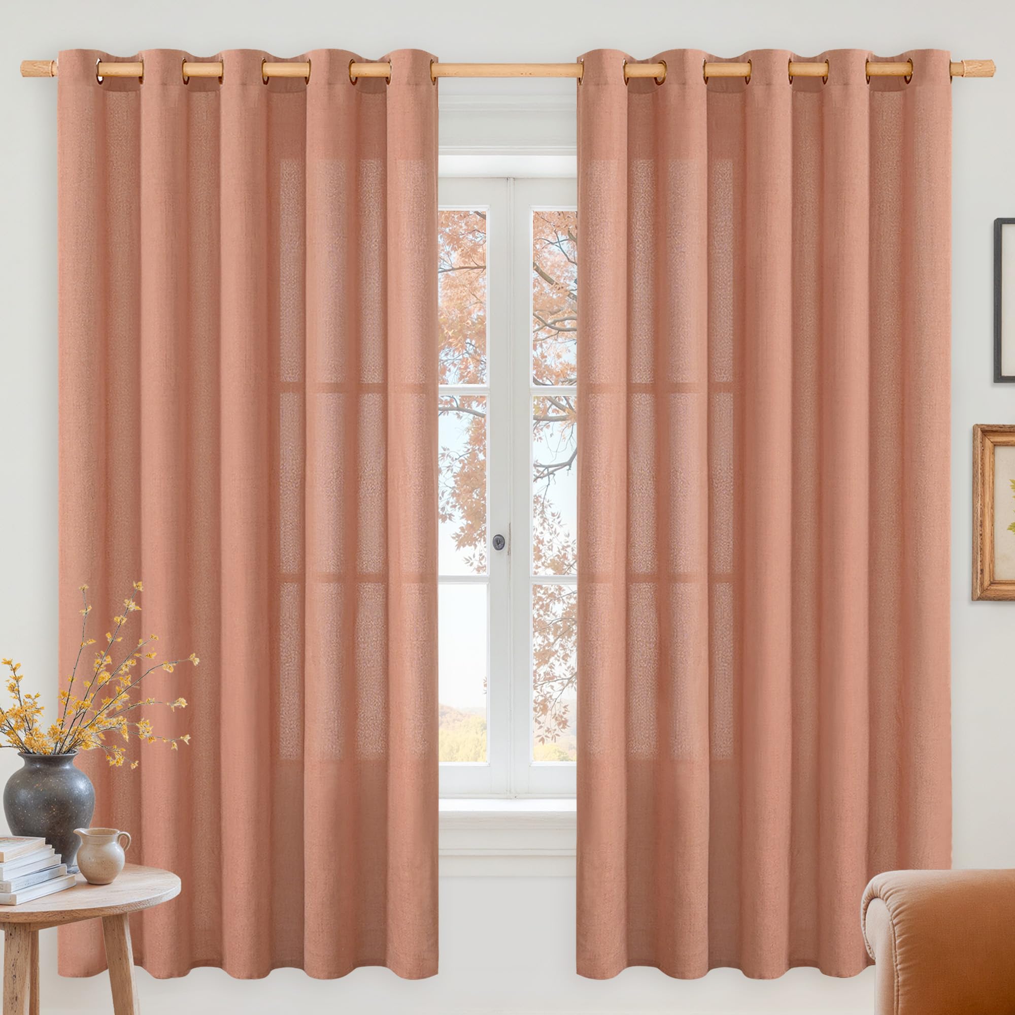YoungsTex Terracotta Linen Curtains 63 Inch Length for Living Room, Light Filtering Semi Sheer Window Drapes with Bronze Grommet Privacy for Bedroom Farmhouse Decorative, 60 x 63 Inch, 2 Panels Image
