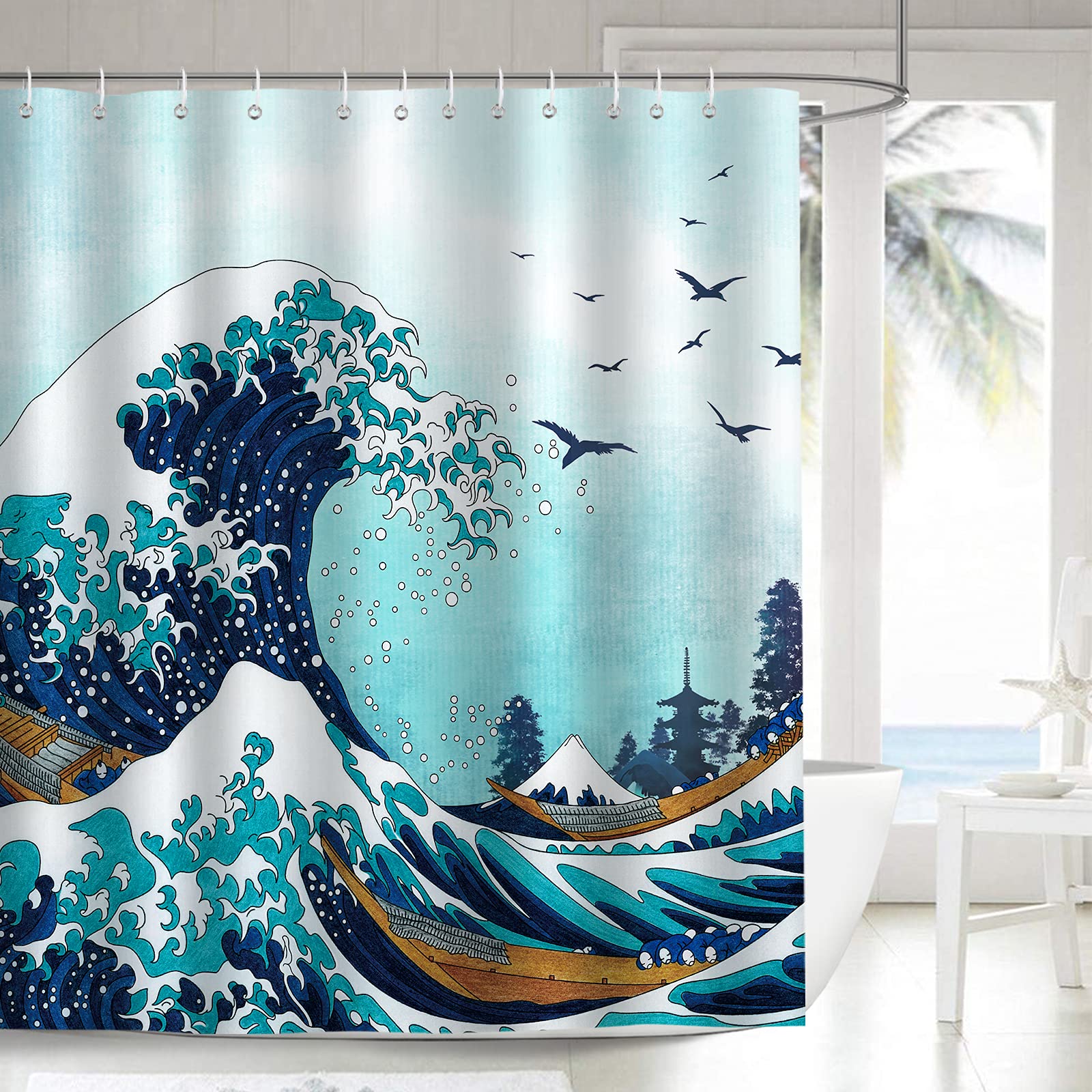 Bonhause Great Wave Shower Curtain 180 x 200 cm Japanese Kanagawa Ocean Waves Bathroom Curtain Waterproof Mildew & Mould Resistant Polyester Fabric Bath Curtain with 12 Hooks