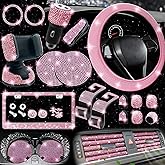 NBTEPEM 27-Piece Bling Car Accessories Set - Universal Fit Steering Wheel Covers, License Plate Frames, Phone Holder, Car Fast Charger, Coasters (Pink)
