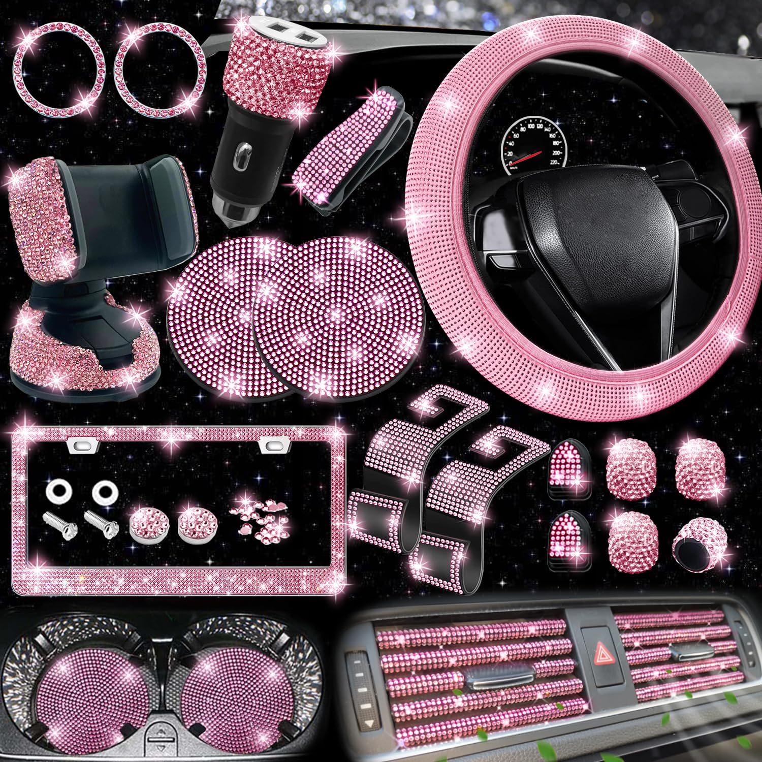 Photo 1 of (PARTIAL SET) NBTEPEM 27 PCs Pink Bling Car Accessories Set for Women, Steering Wheel Covers Universal Fit 15 Inch, Bling License Plate Frame, Bling Phone Holder, Bling Car Coasters (Pink Diamond)