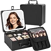 Makeup Case with Lighted Mirror, Travel Makeup Box with LED Mirror Makeup Organizer Bag Portable Cosmetic Train Case Makeup Artist Storage Bags with Adjustable Dividers Gifts for Women and Girls