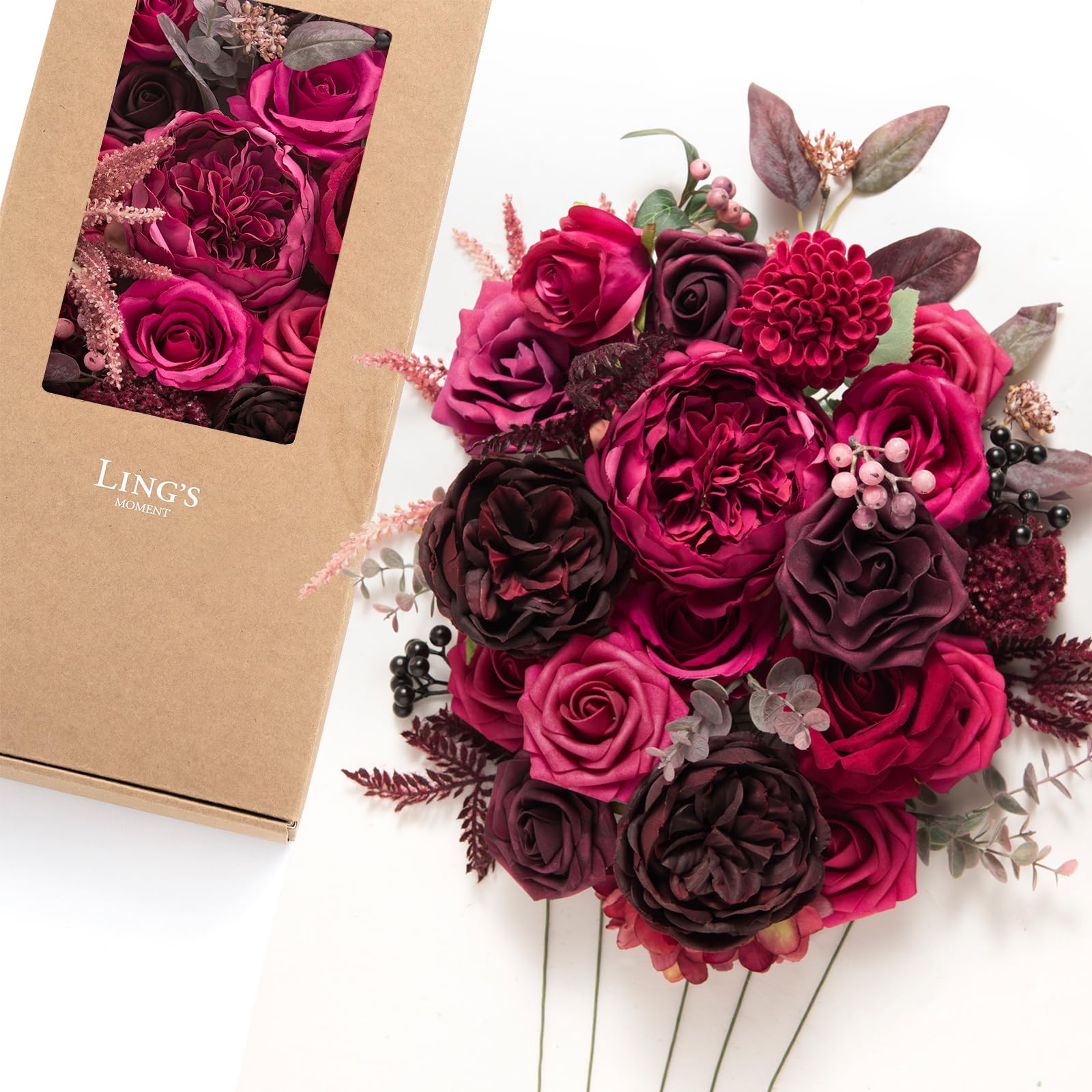 Ling's moment Fake Flowers Box, Faux Artificial Greenery Stems Foam Roses Berry Silk Peony Eucalyptus Fabic Flower for Centerpieces Bouquet Wedding Vase Decorations, Magenta & Hot Pink, Deluxe Combo Image