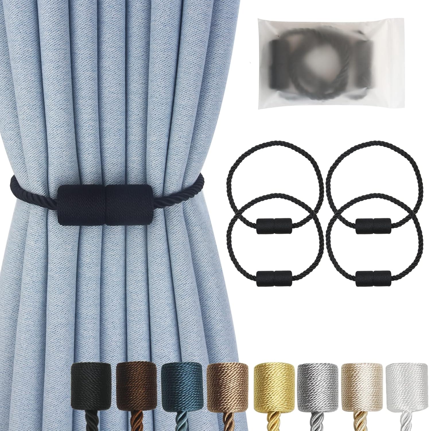 Window Treatment Hardware - Hangtty Magnetic Curtain Tiebacks 4 Pack Black Curtain Rope Tieback Curtain Holders for Drapes Modern Tie Backs Decorative Curtain Holdbacks