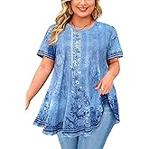 Tunic Tops for Women Plus Size Short Sleeve Crew Neck Swing Flare Loose T-Shirt Blouses to Wear with Leggings