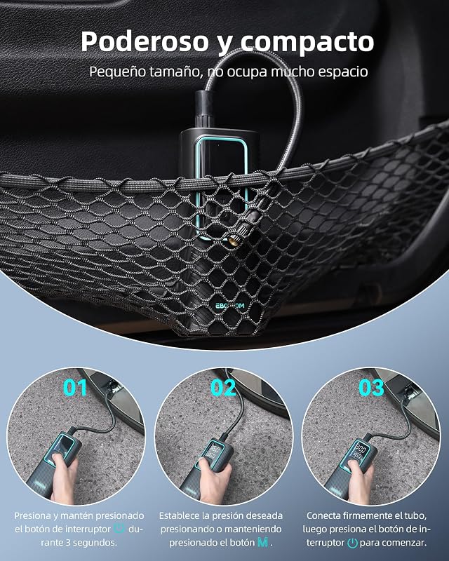 Compresor Aire Portátil de 10,3Bar, Inflador Ruedas Coche a Batería 6000 mAh y 12V DC, Mini Inflador Electrico para Auto, Moto, Bicicleta y Pelota, Bomba de Aire con Función de Luz LED, Carga USB-C
