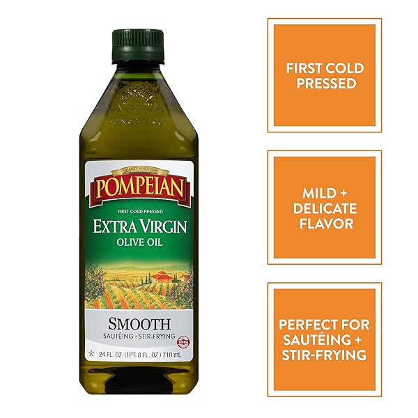 POMPEIAN SMOOTH EXTRA VIRGIN OLIVE OIL, FIRST COLD PRESSED, MILD AND DELICATE FLAVOR, PERFECT FOR SAUTEING AND STIR-FRYING, NATURALLY GLUTEN FREE, NON-ALLERGENIC, NON-GMO, 24 FL. OZ., SINGLE BOTTLE