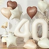 Large Sand White 40 Balloons, Foil Cream Brown Apricot Beige Number 40 Balloons, Tan Heart Balloons Boho Helium Nude Neutral Star Balloon for Women 40th Birthday Wedding Anniversary Party Decoration