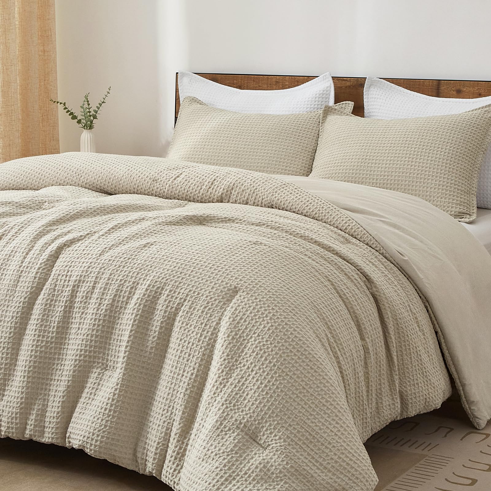 Photo 1 of PHF Ultra Soft Waffle Weave Comforter Set Queen Size, 3 Pieces Lightweight Breathable Comfy Bedding Set for All Season, Comfy Textured 1 Comforter with 2 Pillow Shams, Linen