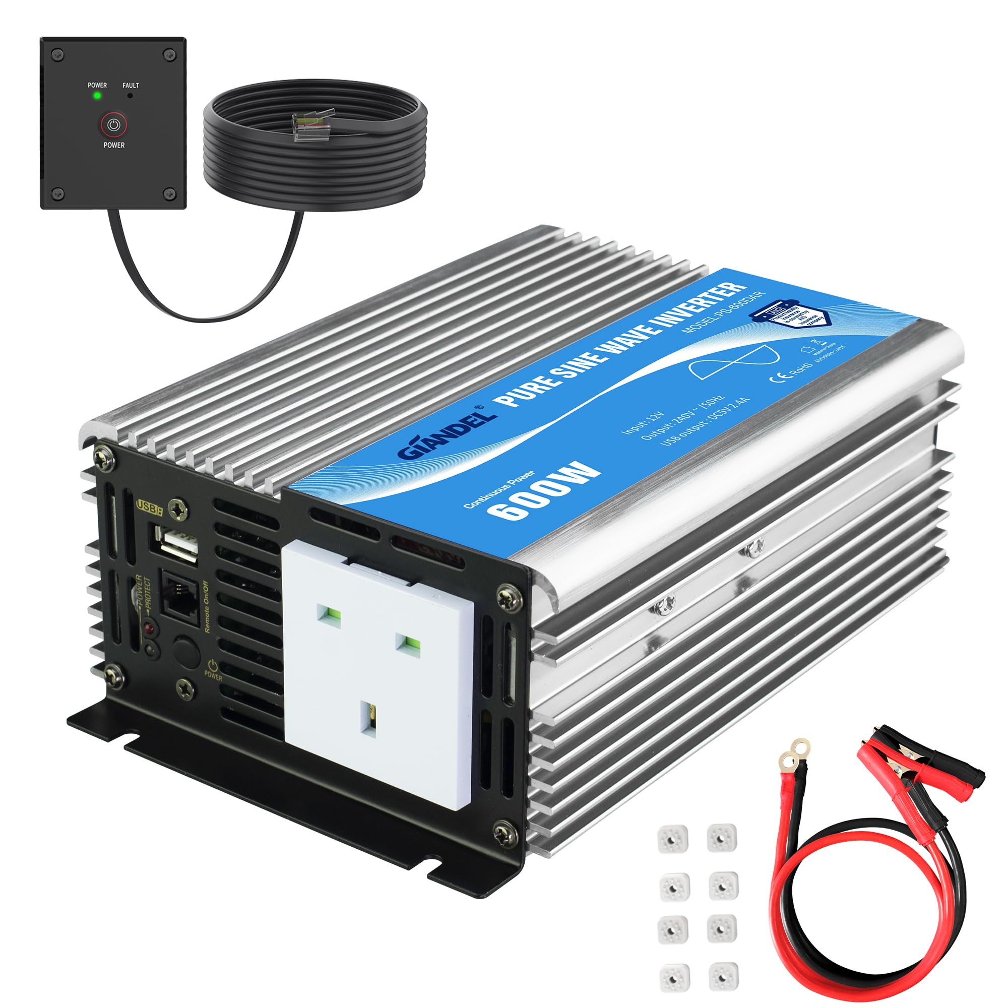 Giandel Pure Sine Wave Power Inverter 600W DC 12V to AC 240V Converter with Remote Controller & USB Port for Laptop Camera Smartphone