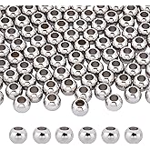 DICOSMETIC 100Pcs 8mm Round Metal Beads Stainless Steel Spacer Beads Large Hole Metal European Bead Seamless Ball Loose Bead for Jewelry Making, Hole: 4mm