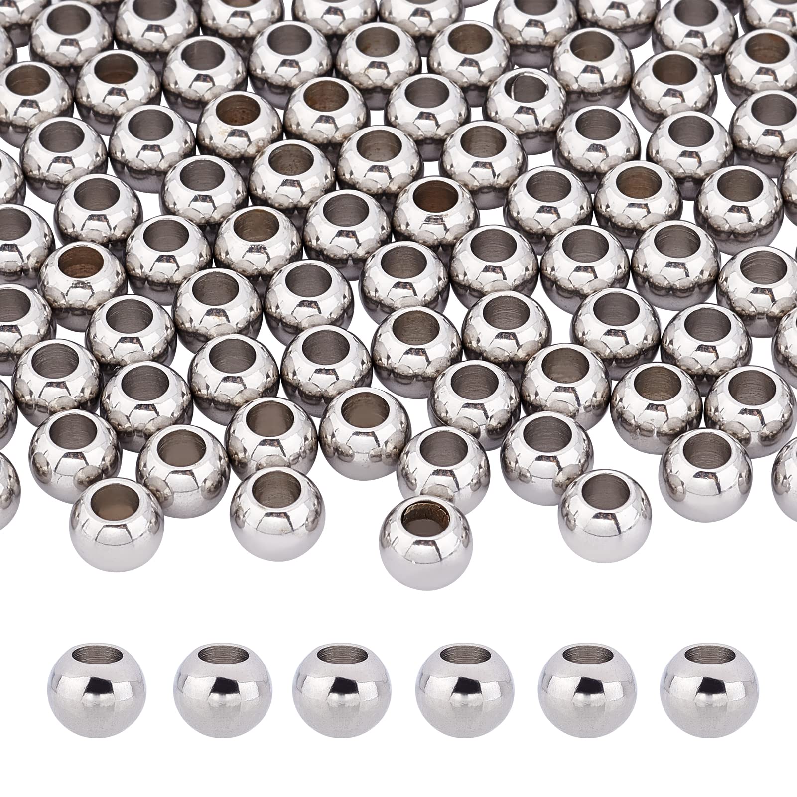 DICOSMETIC 100pcs 8mm European Beads Round Spacer Large Hole Smooth Surface Loose Beads Stainless Steel Beads for Jewelry Making DIY, Hole: 4mm