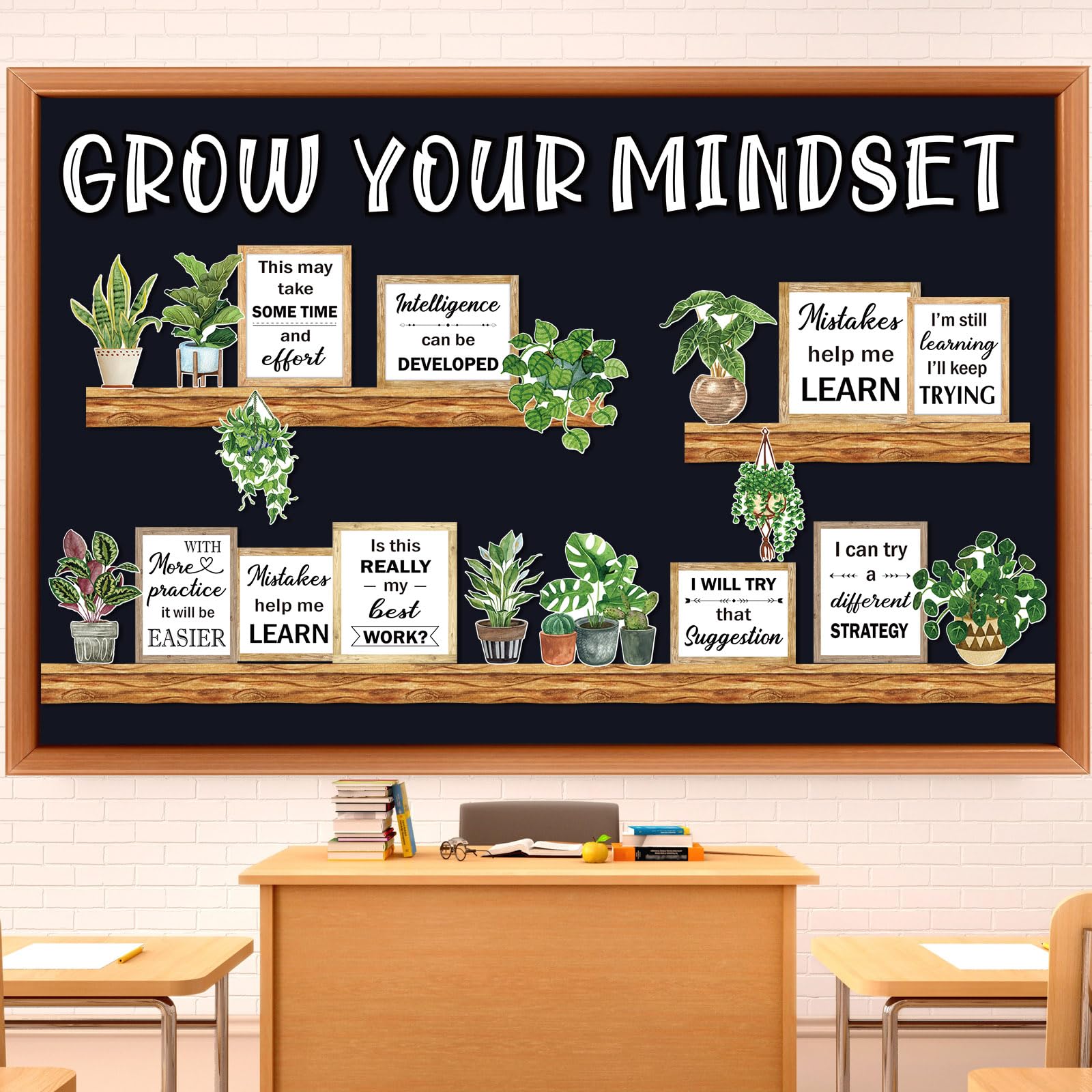 Photo 1 of Qilery Bookshelf Bulletin Board Set Grow Your Mindset Motivational Classroom Decor Reading Library Bulletin Board Set Inspirational Cutout for Back to School Classroom Decoration