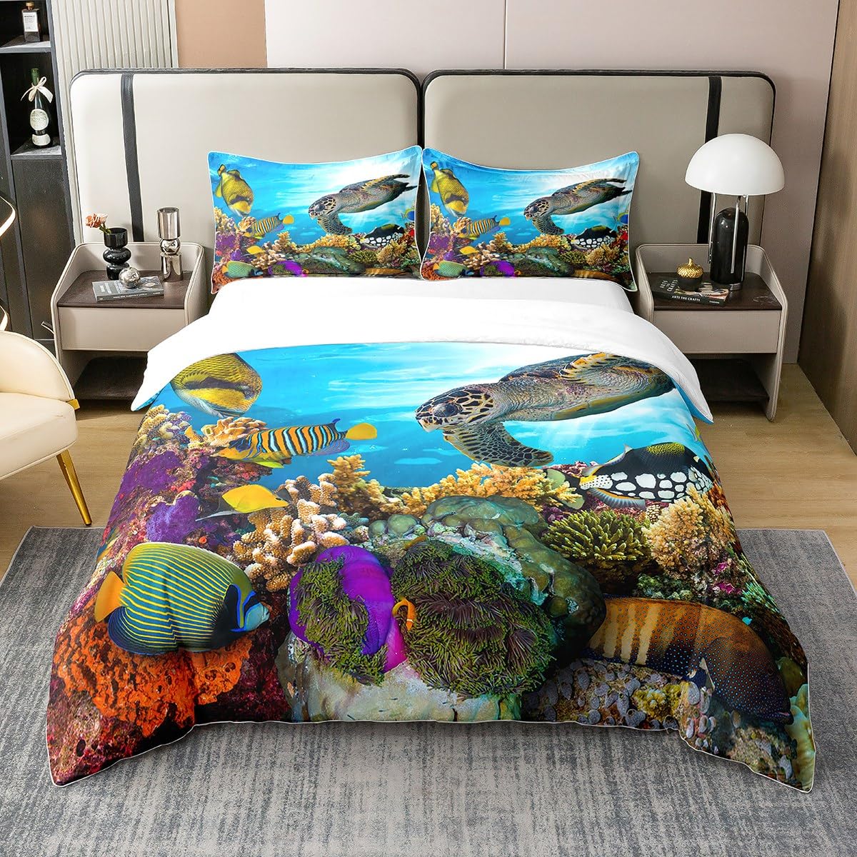 Sea Turtle Bedding 100% Cotton Set Marine Life Ocean Creature 100% Cotton Duvet Cover for Kids Adults Tropical Fish Coral Duvet Set Sea Animals Quilt Cover with 2 Pillowcase 3Pcs Bedding King Zipper