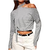 MakeMeChic Women's Striped Asymmetrical Neck T Shirt Long Sleeve Crop Tops with Scarf